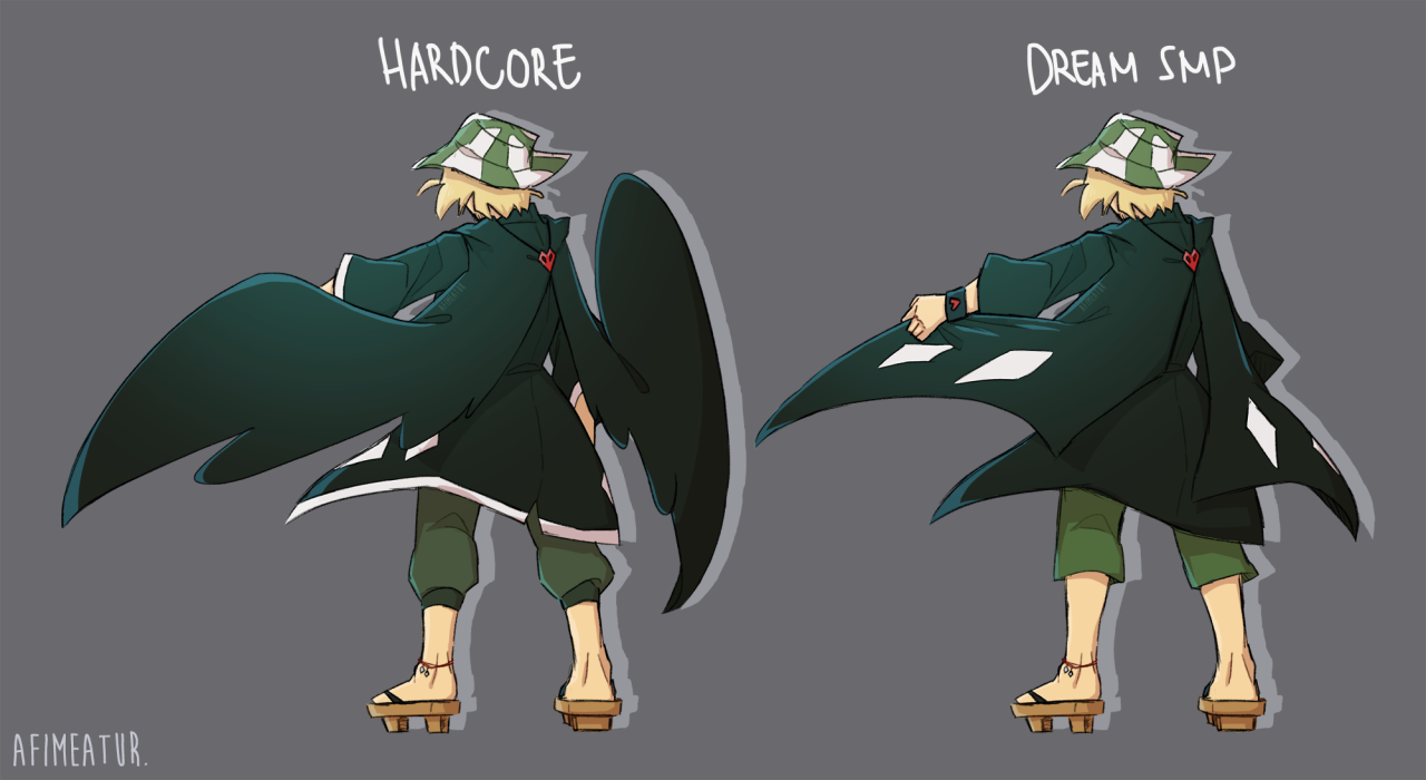 This is a drawing of Philza. He is wearing the same clothes as his minecraft skin. There are two drawings of Phil facing away from the camera showing off his wings and cape respectively. The left drawing is labeled Hardcore and shows Phil wearing slightly more loose and flowy outfit. He also has black crows wings. The right drawing is labeled Dream SMP and shows Phil's more traditional minecraft skin, but he also wears his hardcore heart wrist sweatbands. The wings are substituted for a cape.